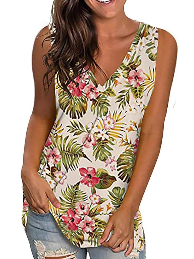 Women's Tank Top Floral Striped Print V Neck Casual Tops