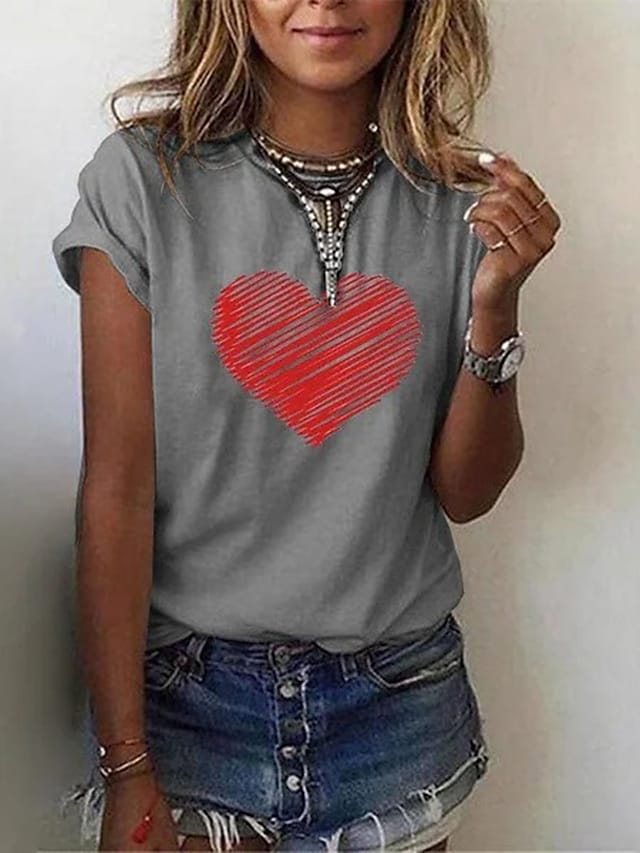 Women's T-shirts Heart Print Round Neck Vintage Casual Pullover Tops