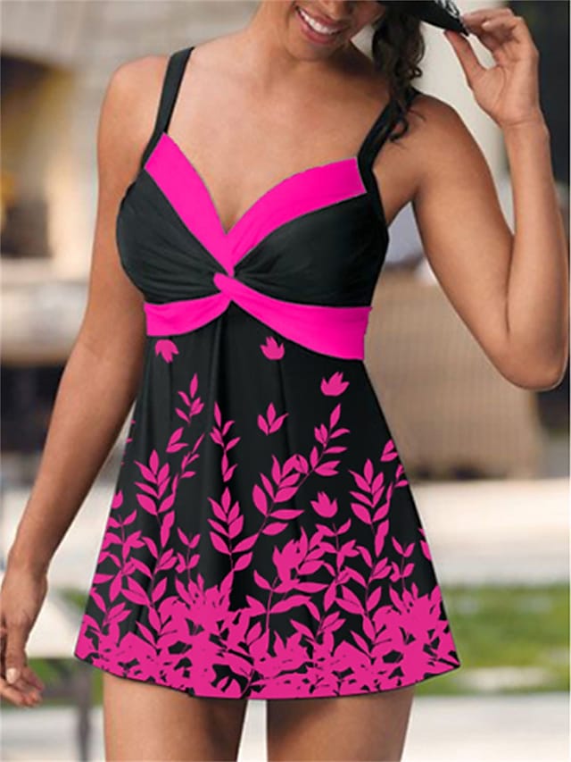 Women's Swimwear Open Back Leaf Print Color Block Casual Swimsuit