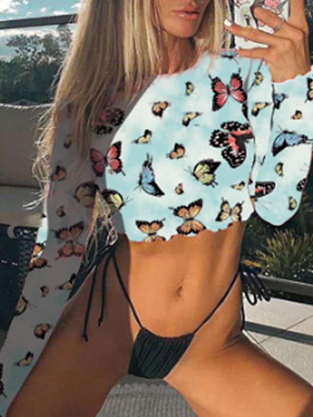 Women's Two Piece Swimsuit Butterfly Print Crop Top High Neck Bathing Suits