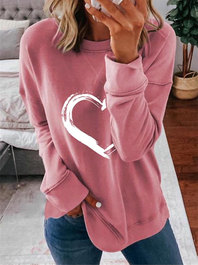 Women's Sweatshirt Heart Print Round Neck Long Sleeve Casual Pullover Hoodies