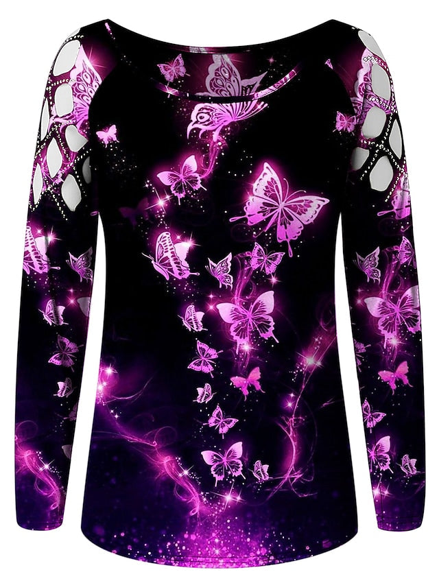 Women's T-shirt Butterfly 3D Printed Painting Cut Out Round Neck Tops