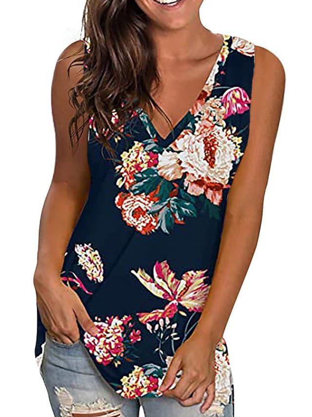 Women's Tank Top Floral Striped Print V Neck Casual Tops