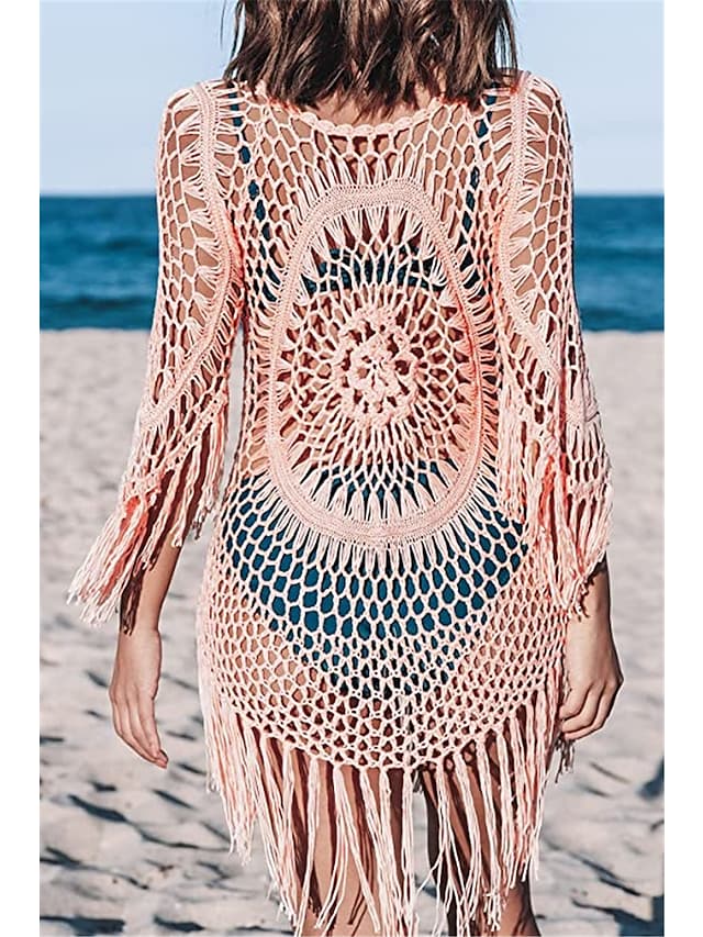 Women's Swimwear Cover Up Hole Tassel Pure Color Beach Dress Swimsuit