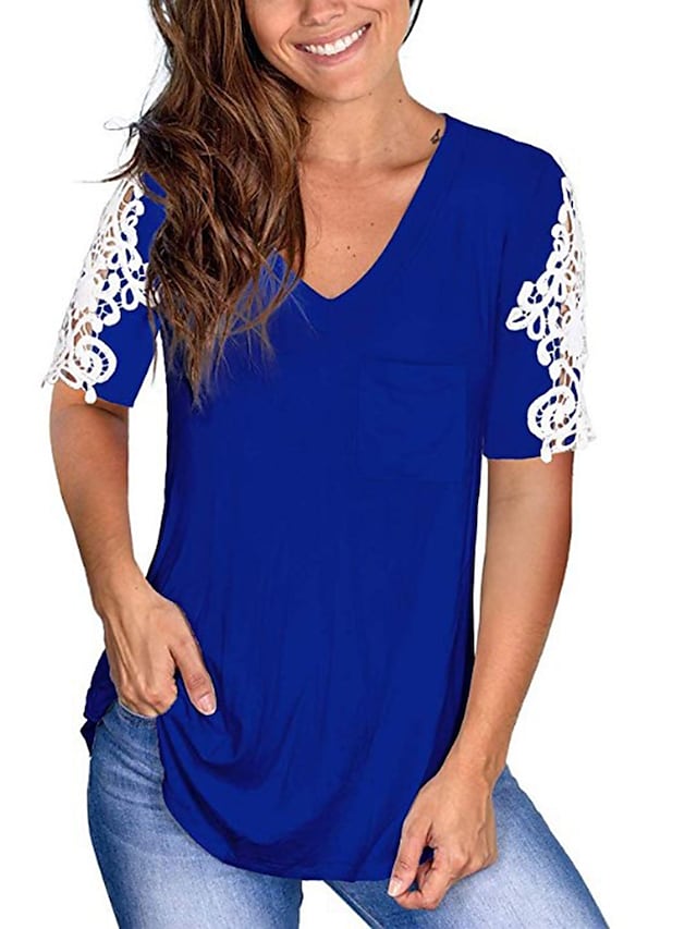 Women's T-shirts Lace Patchwork Sleeve V-neck Pocket Casual Pullover Tops