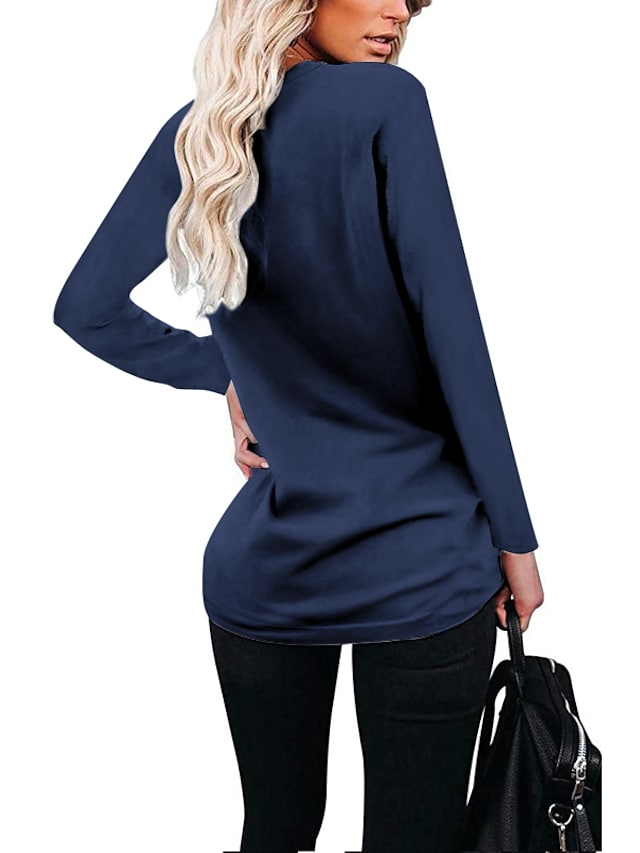 Women's T-Shirt With Pocket Plain V-Neck Solid Color Long Sleeeve Tops