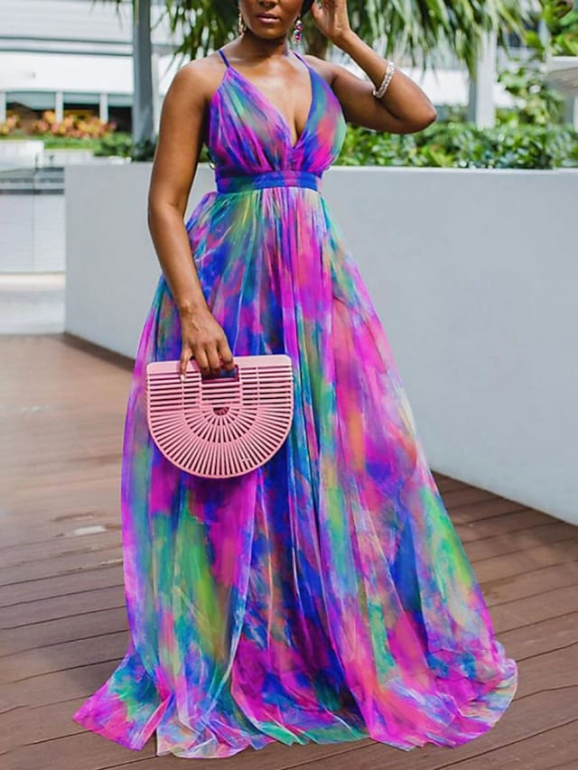 Women's Strap Dress Tie Dye V-Neck Sleeveless Prom Dress Maxi Long Dress