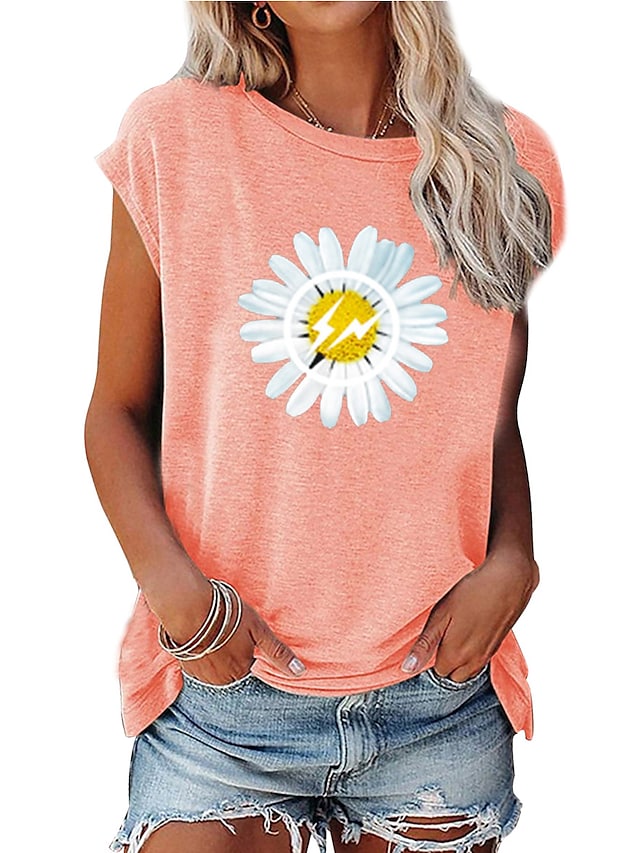 Women's T-shirts Round Neck Floral Painting Short Sleeve Casual Tops