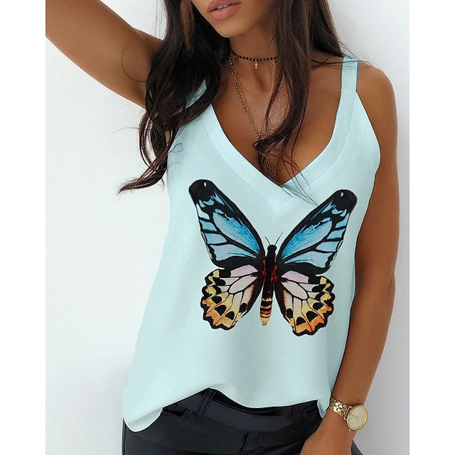 Women's Vests V-neck Strap Butterfly Print Casual Loose Tank Tops