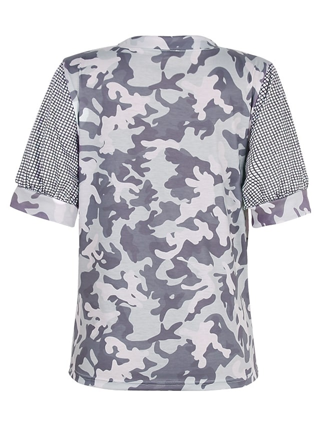 Women's T-shirts Camo Print V-neck Plaid Patchwork Sleeve Casual Tops