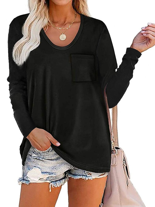 Women's T-Shirt With Pocket Plain V-Neck Solid Color Long Sleeeve Tops