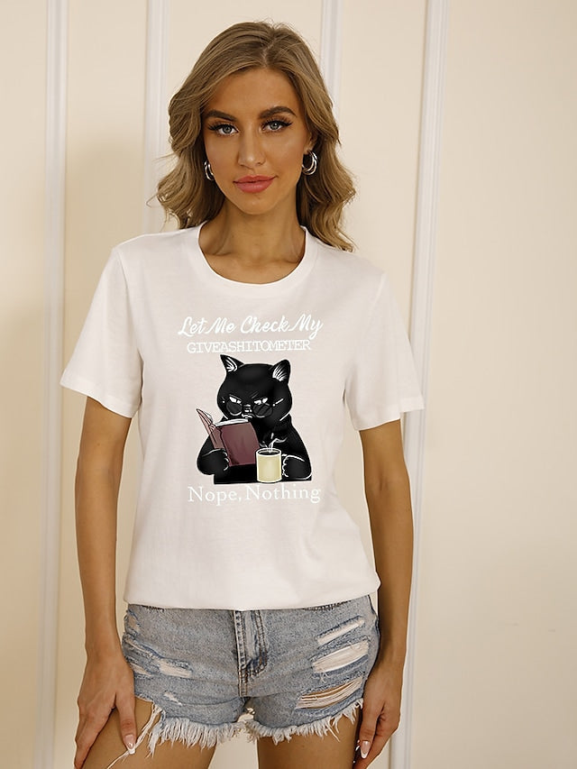 Women's T-shirts Cat Painting Round Neck Short Sleeve Pullover Tops