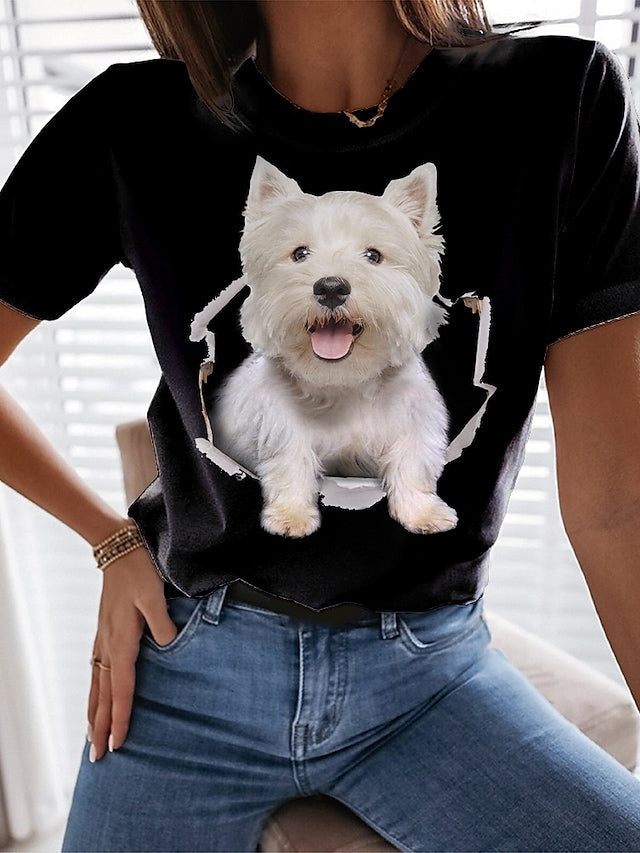 Women's T-shirt Cute 3D Dog Printed Round Neck Casual Tops