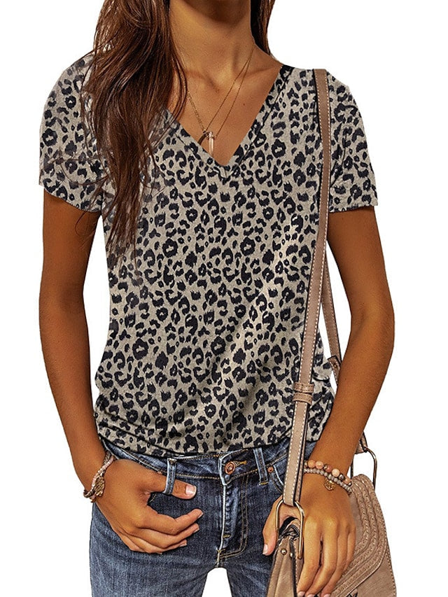 Women's T-shirts Camouflage Leopard Print V-neck Short Sleeve Casual Tops