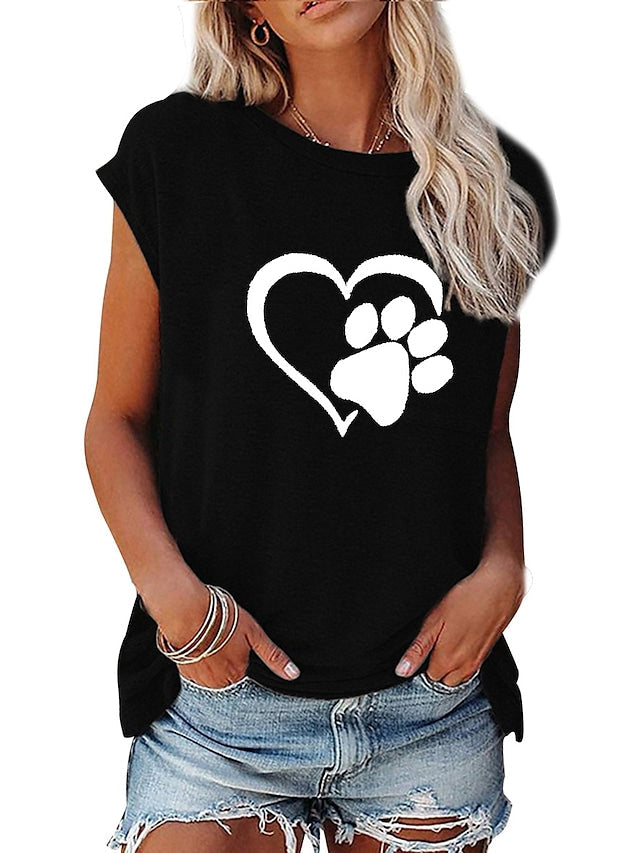 Women's T-shirts Heart Print Round Neck Sleeveless Loose Crop Tops