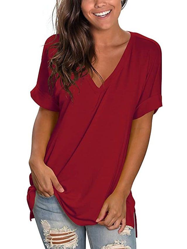 Women's T-shirt Plain V-Neck Solid Color Short Sleeve Basic Tops