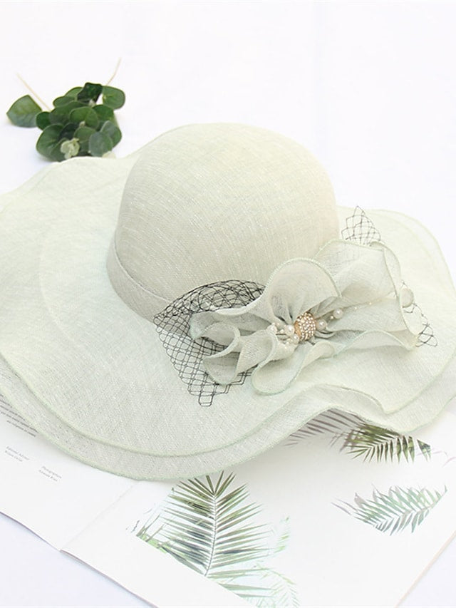 Women's Stylish Bucket Hat Mesh Flower Large Wave Brim Dome Sun Shade Hat