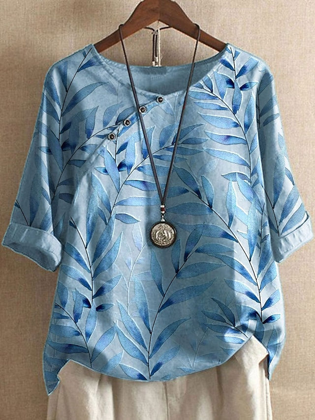 Women's T-Shirt Leaf Print Half Sleeve Round Neck Causal Daily Tops