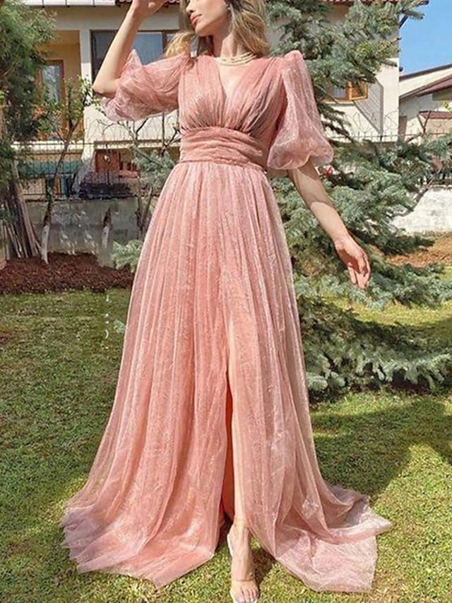 Women's Swing Dress Half Sleeve Split Mesh V Neck Elegant Romantic Prom Dress Maxi Long Dress