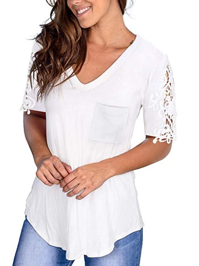 Women's T-shirts Lace Patchwork Sleeve V-neck Pocket Casual Pullover Tops