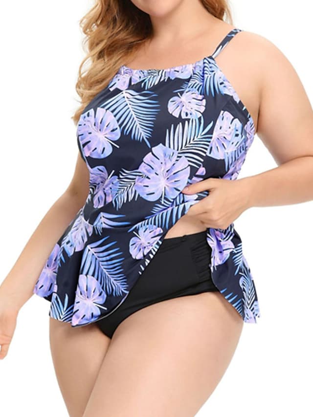 Women's Swimwear Plus Size Tankini Floral Leaf Print Cute Two Piece Swimsuit