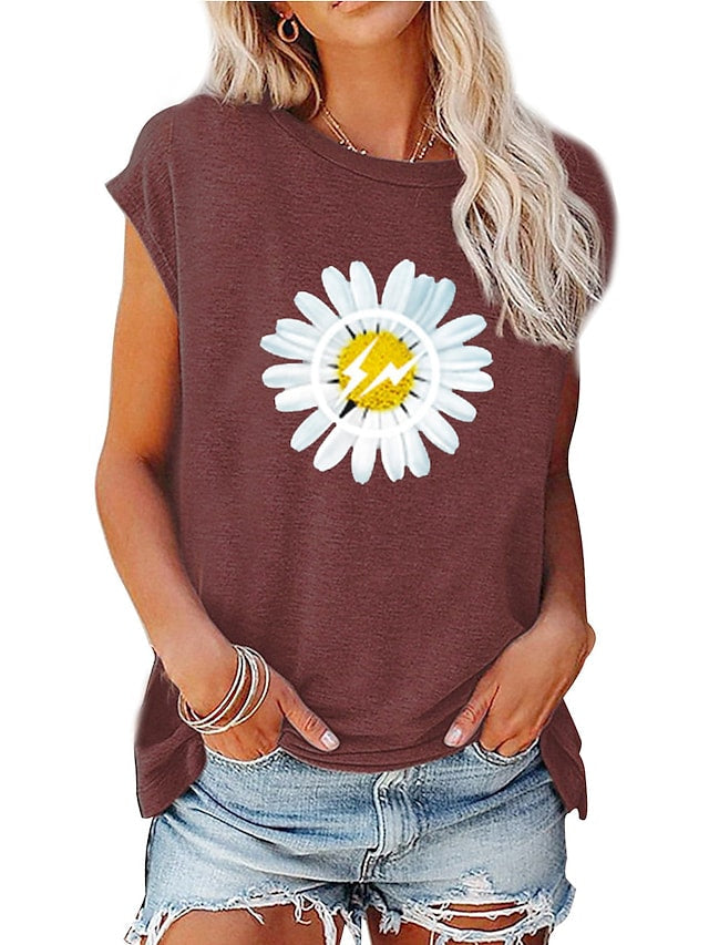 Women's T-shirts Round Neck Floral Painting Short Sleeve Casual Tops