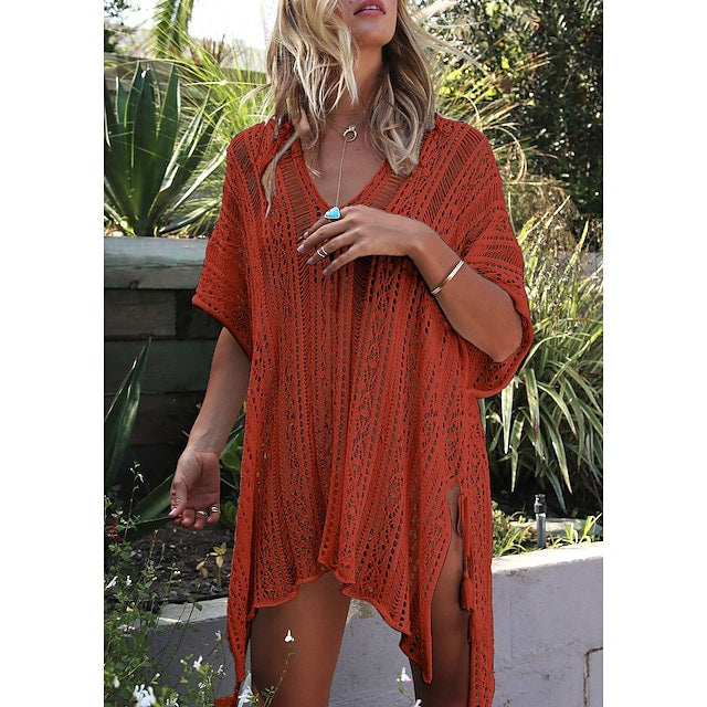 Women's Swimwear Cover Up Oversized Hole Solid Color Beach Dress Swimsuit