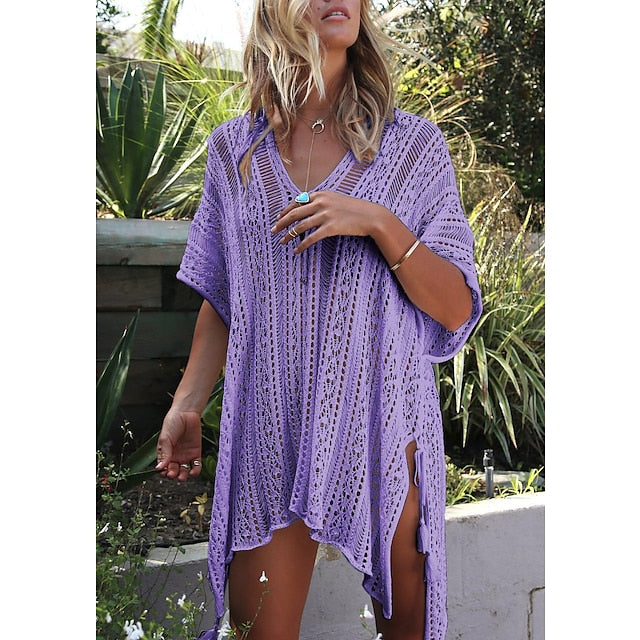 Women's Swimwear Cover Up Oversized Hole Solid Color Beach Dress Swimsuit