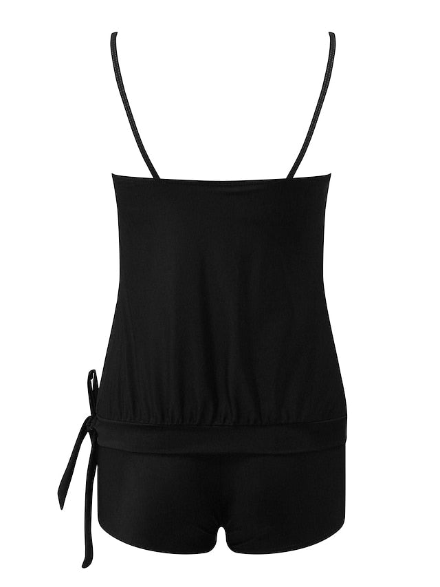 Women's Swimwear High Waist Backless Pure Color Strap Tankini Two Piece Swimsuit