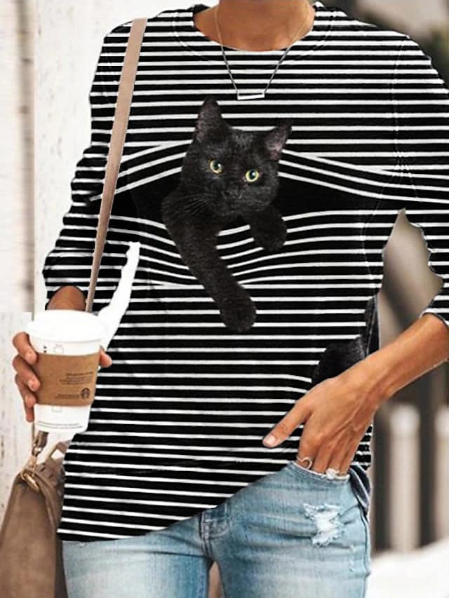 Women's T-shirts Striped Cat Cartoon Print Round Neck Pullover Tops