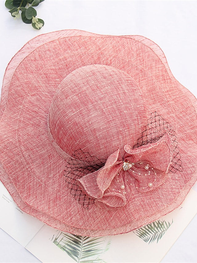 Women's Stylish Bucket Hat Mesh Flower Large Wave Brim Dome Sun Shade Hat