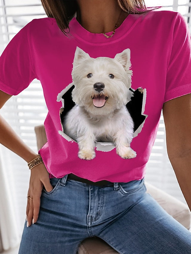 Women's T-shirt Cute 3D Dog Printed Round Neck Casual Tops