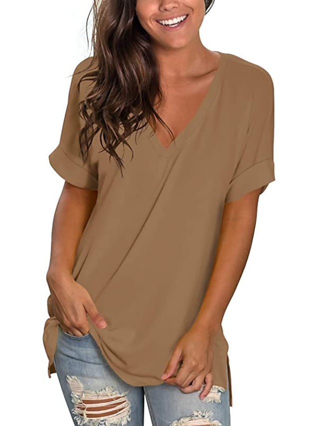 Women's T-shirt Plain V-Neck Solid Color Short Sleeve Basic Tops