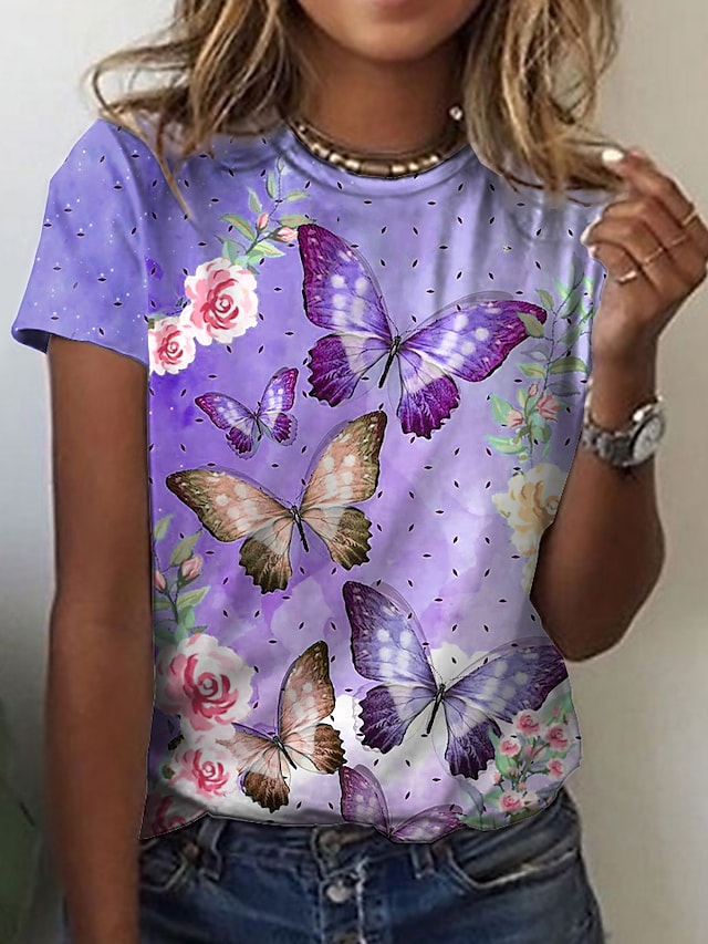 Women's T-shirts Floral Butterfly Print Round Neck Short Sleeve Casual Tops