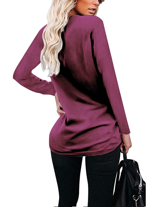 Women's T-Shirt With Pocket Plain V-Neck Solid Color Long Sleeeve Tops