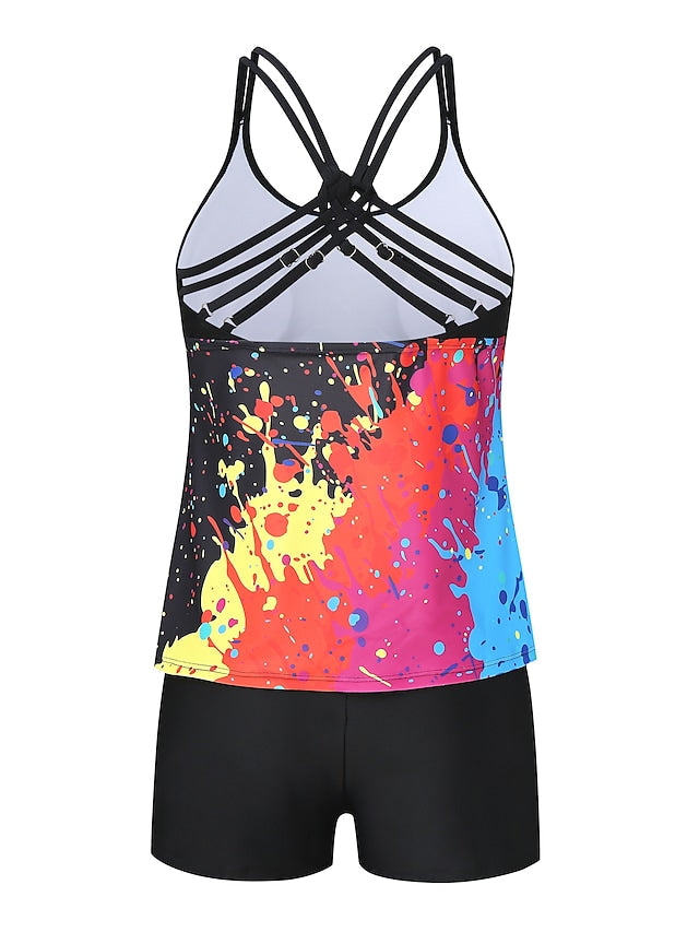 Women's Swimwear Plus Size Color Block Tie Dye Rainbow Two Piece Swimsuit