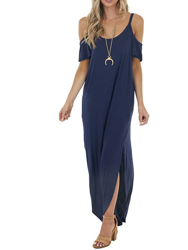 Women's T Shirt Dress Short Sleeve Split Cold Shoulder Maxi long Dress