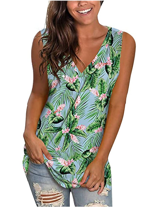 Women's Tank Top Floral Striped Print V Neck Casual Tops