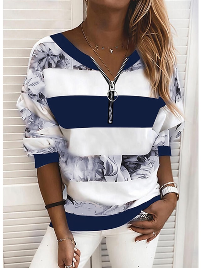 Women's Top Striped Colorblock V-Neck Long Sleeve Loose Tops