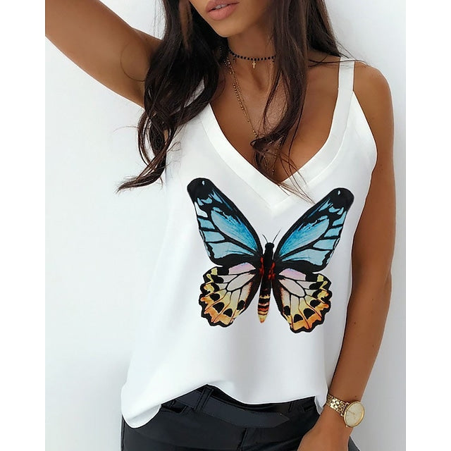 Women's Vests V-neck Strap Butterfly Print Casual Loose Tank Tops