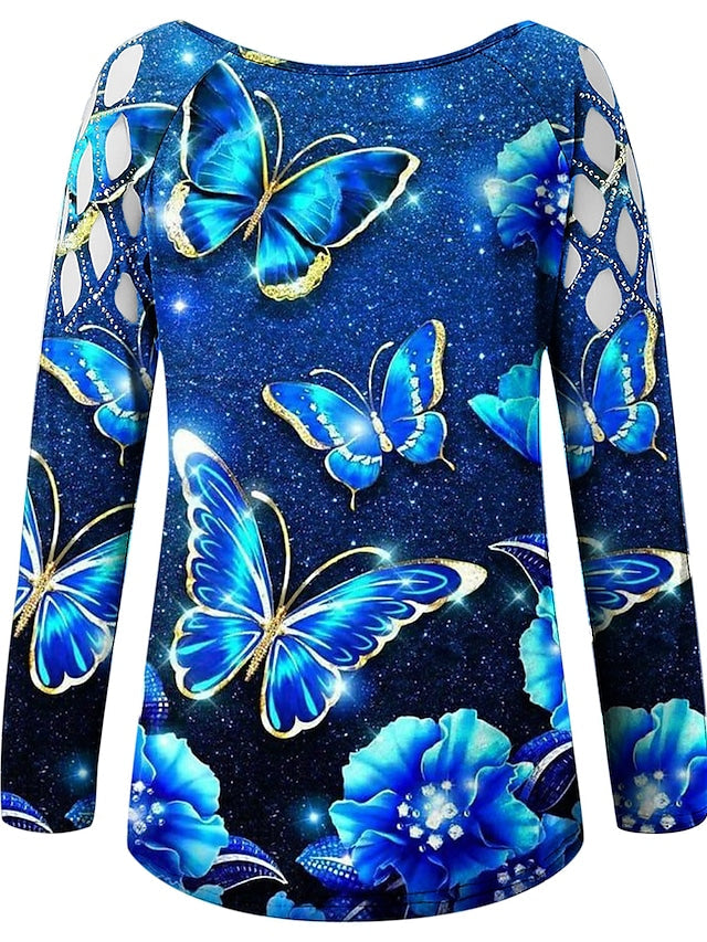 Women's T-shirt Butterfly 3D Printed Painting Cut Out Round Neck Tops