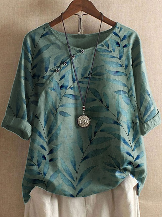 Women's T-Shirt Leaf Print Half Sleeve Round Neck Causal Daily Tops