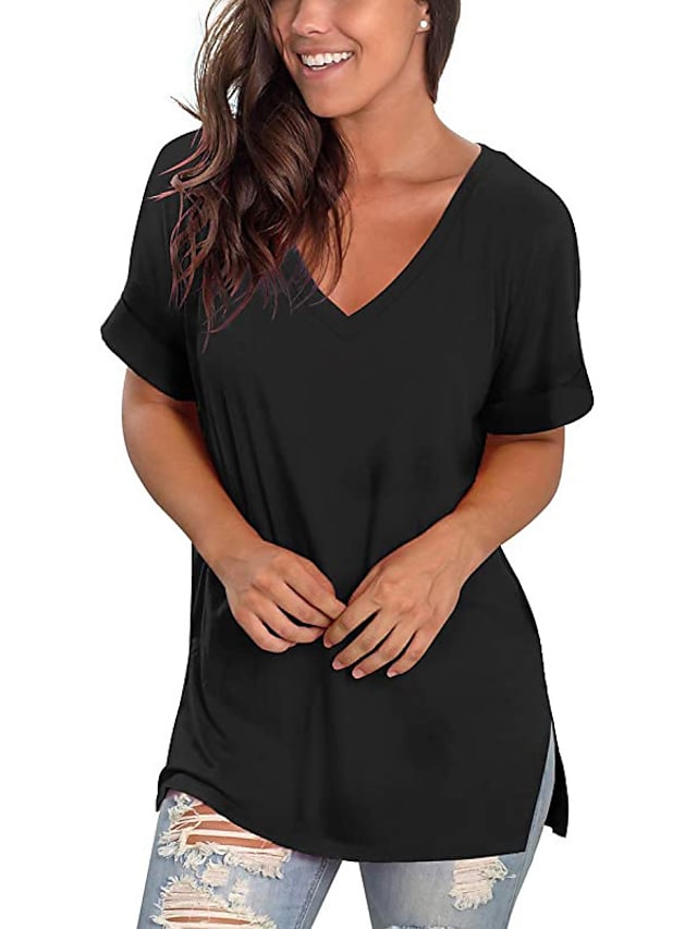 Women's T-shirt Plain V-Neck Solid Color Short Sleeve Basic Tops