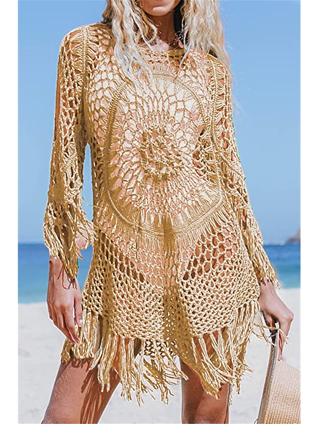 Women's Swimwear Cover Up Hole Tassel Pure Color Beach Dress Swimsuit