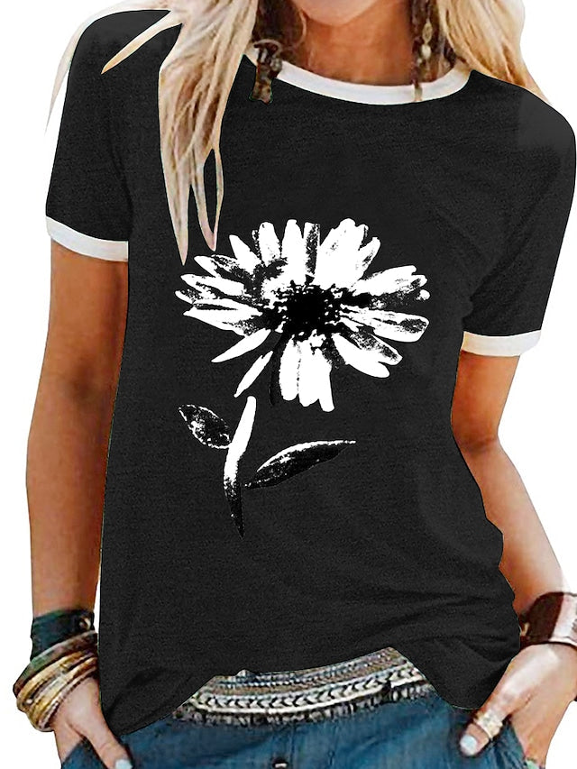 Women's T-shirts Floral Print Round Neck Loose Short Sleeve Tops