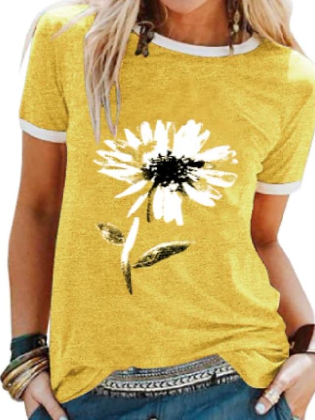 Women's T-shirts Floral Print Round Neck Loose Short Sleeve Tops