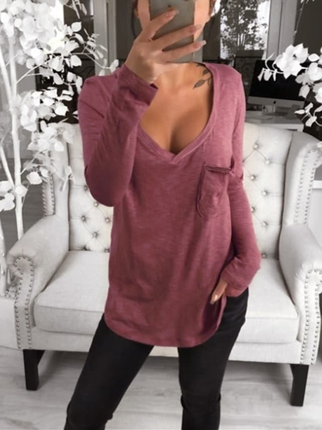 Women's T-shirt Solid Color Pocket V-neck Long Sleeve Loose Tops