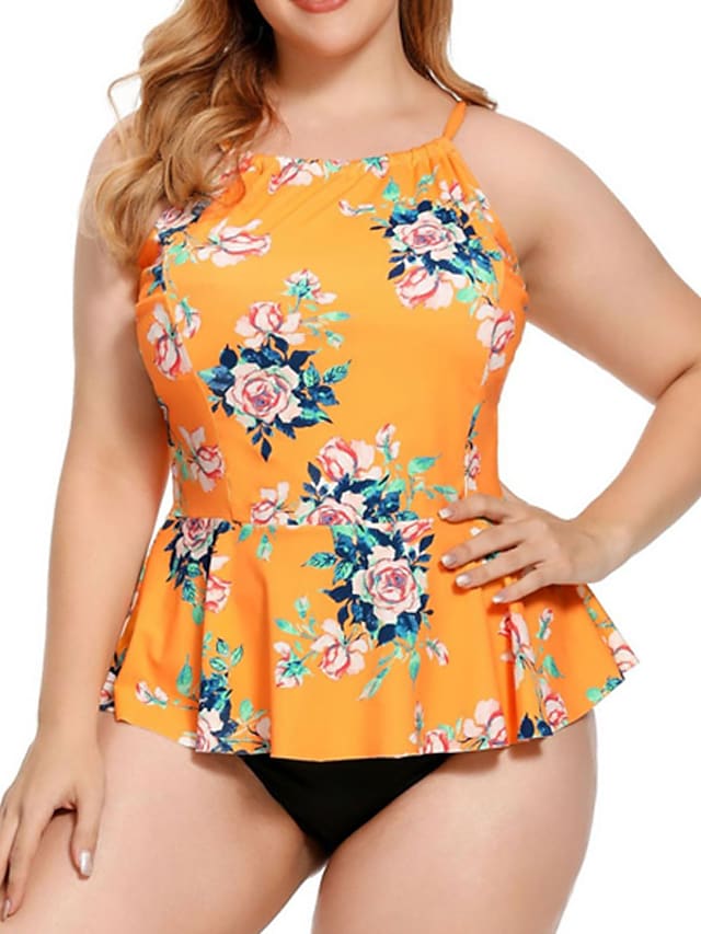 Women's Swimwear Plus Size Tankini Floral Leaf Print Cute Two Piece Swimsuit