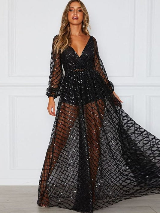 Women's Swing Dress V-neck Long Sleeve Backless Sequins See-through Mesh Casual Dress