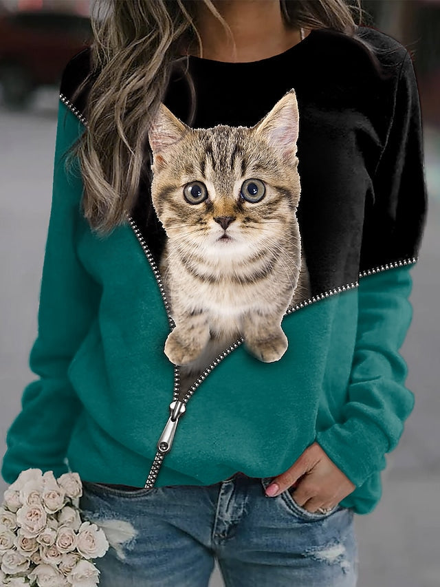 Women's Sweatshirt Cat 3D Print Color Patchwork Casual Streetwear Pullover Hoodies